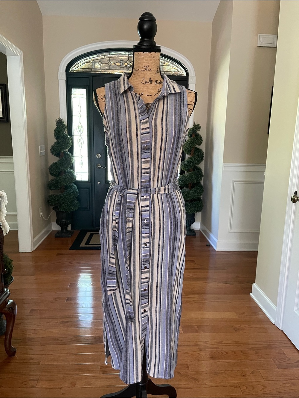 Cato Blue White Stripe Midi Sleeveless Button Down Dress Size Large